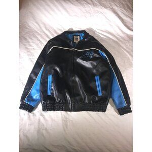 Vintage NFL Carolina Panthers Black & Blue Color Blocked Faux Leather Jacket XL